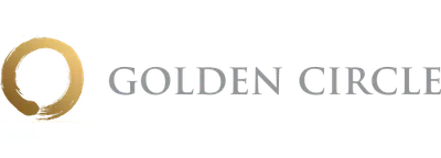 Golden brushstroke enso circle beside grey serif text reading GOLDEN CIRCLE on a black background.