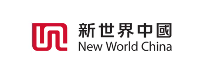 Red geometric logo next to New World China text in Chinese and English on a black background.